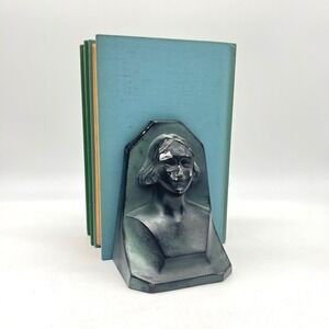 Vintage Art Deco Bust Portrait Metal Bookends Pair Dark Girl Lady